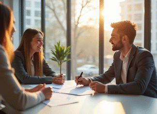 Jeune couple signant un contrat de location dans un appartement lumineux
