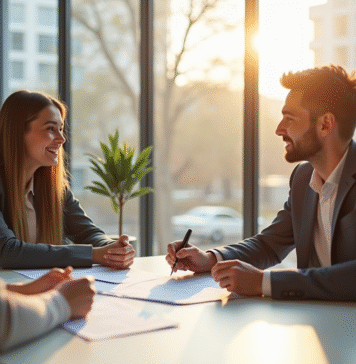 Jeune couple signant un contrat de location dans un appartement lumineux