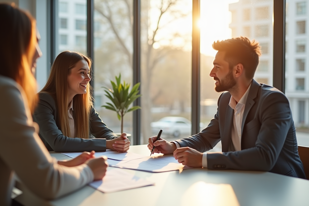 Jeune couple signant un contrat de location dans un appartement lumineux