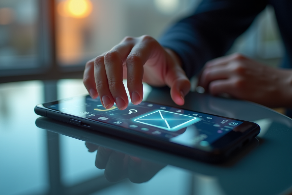 Main utilisant un smartphone pour accéder à une application webmail