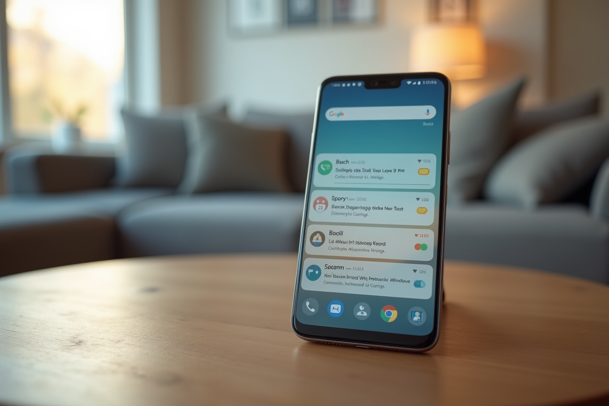 Smartphone avec notifications sur une table en salon moderne