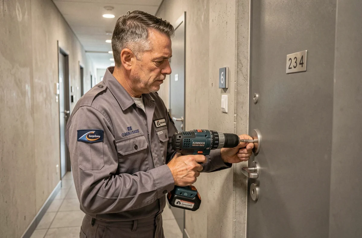 Technicien SOCOFAM en train de poser une serrure renforcée sur une porte d'appartement à Fréjus