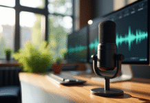 Studio podcast moderne avec microphone noir et ambiance professionnelle