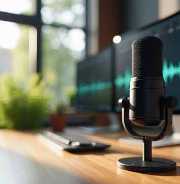 Studio podcast moderne avec microphone noir et ambiance professionnelle
