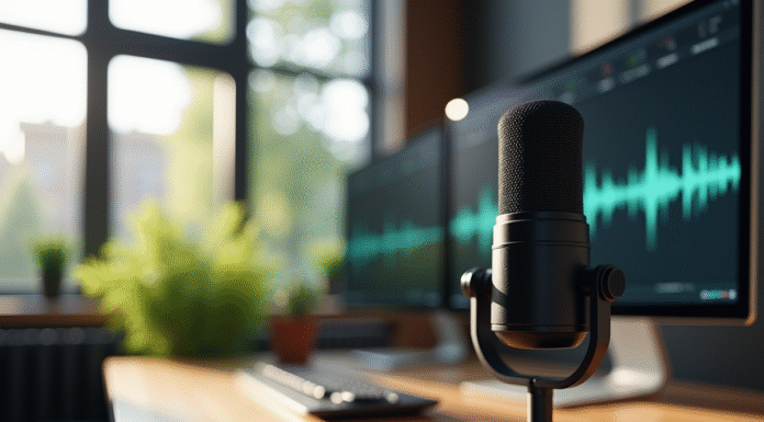 Studio podcast moderne avec microphone noir et ambiance professionnelle