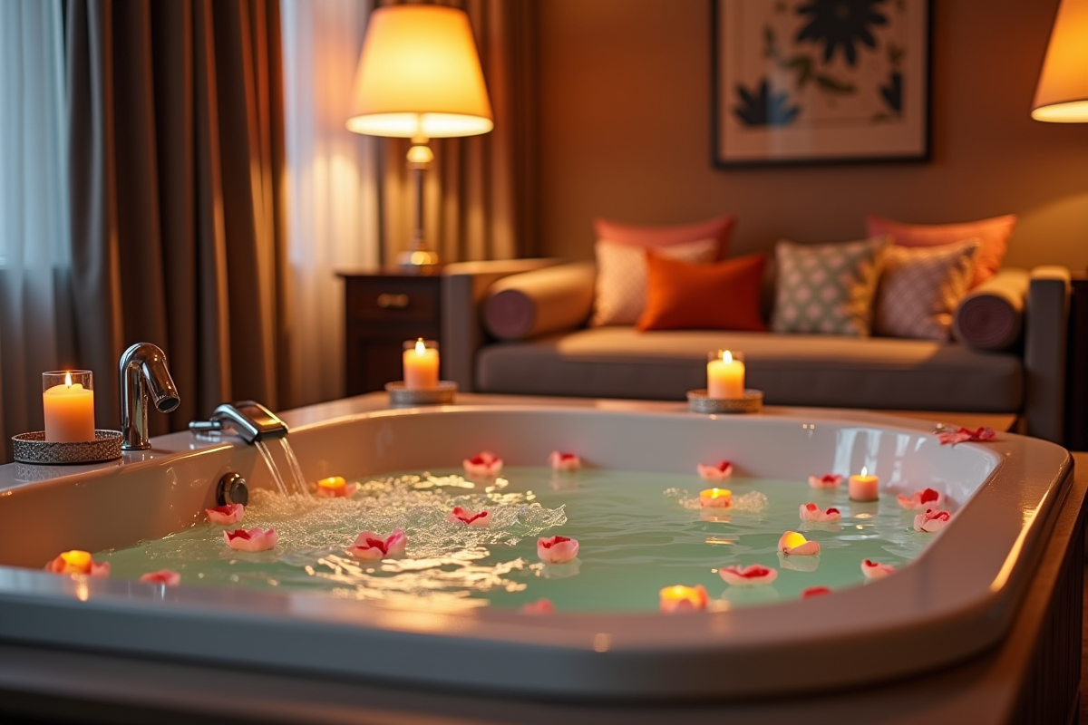 Suite chaleureuse à Lille avec jacuzzi privé rempli d eau et de pétales