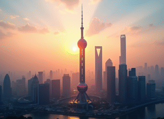 Tour de Shanghai au lever du soleil avec skyline moderne