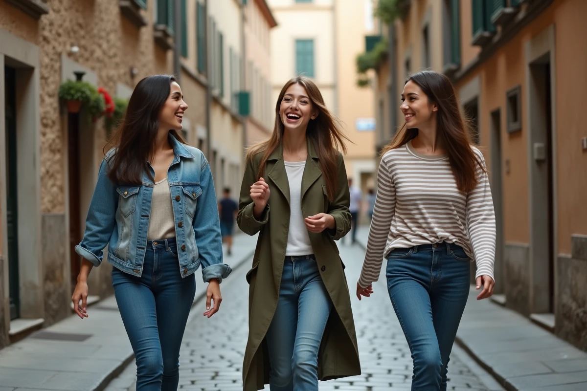 Trois amies marchant ensemble dans une rue pavée européenne, riant et partageant un moment de complicité authentique, évoquant des liens d'amitié profonds et spirituels