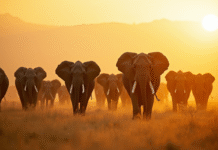 Troupeau d'elephants marchant dans la savane en matinée