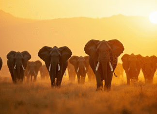 Troupeau d'elephants marchant dans la savane en matinée