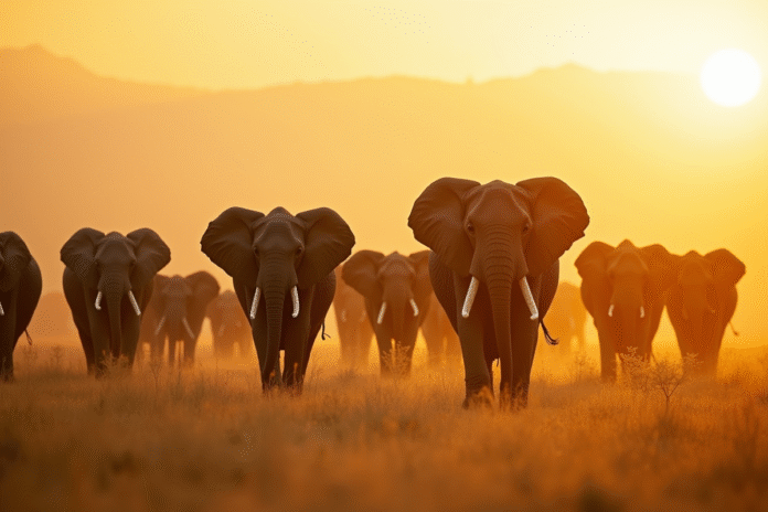 Troupeau d'elephants marchant dans la savane en matinée