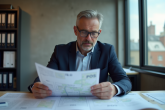 Urbaniste en bureau examinant cartes PLU et POS