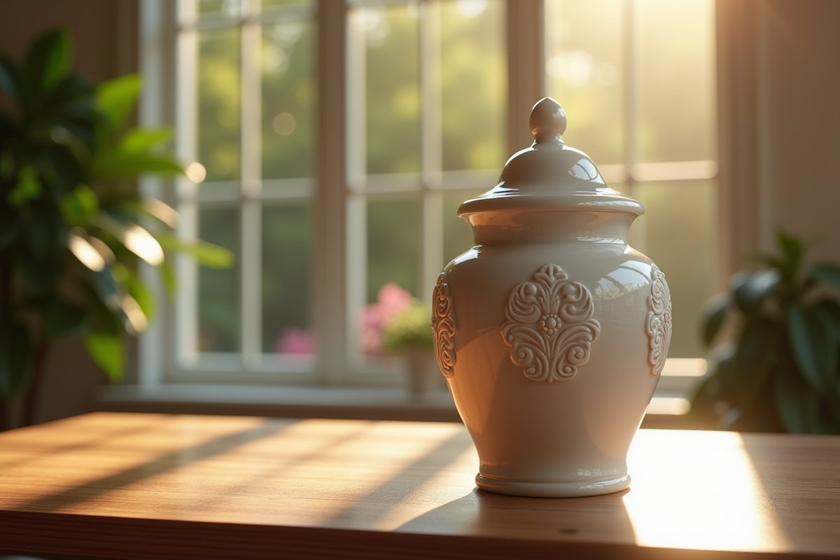 Urne en marbre élégante avec gravures symboliques