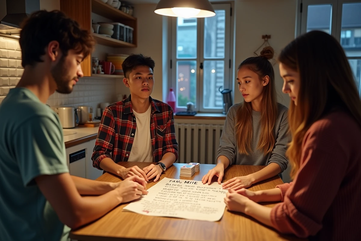 Groupe d'étudiants autour d'une règle palmier manuscrite posée sur un comptoir de cuisine lors d'une soirée avec variantes de jeu 2026