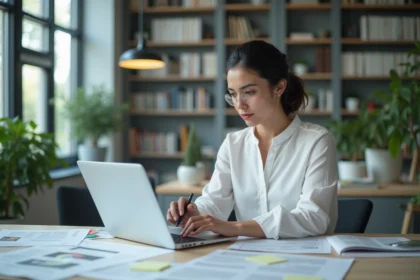 Femme professionnelle effectuant une veille concurrentielle sur un blog d'actualités dans un bureau moderne