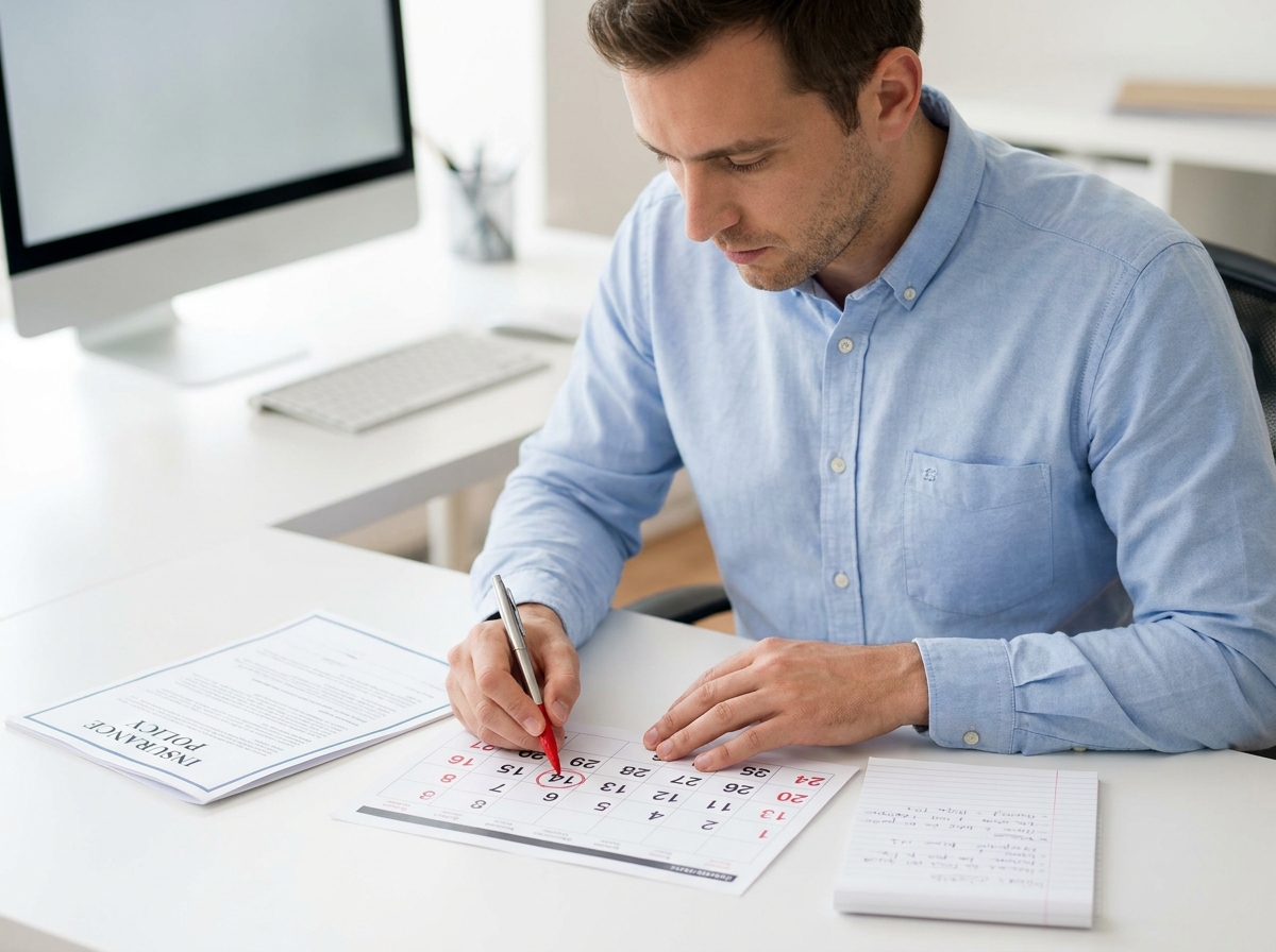 Un homme examine les délais de carence d'une mutuelle santé en consultant un calendrier et un document de contrat