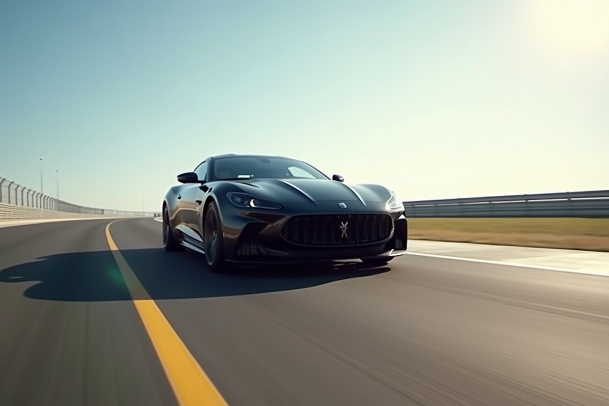 Voiture moderne accélérant sur une piste ensoleillée