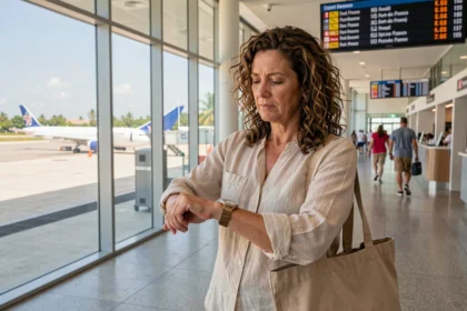 Voyageuse consultant sa montre dans un aéroport avec des panneaux de départ vers la Martinique