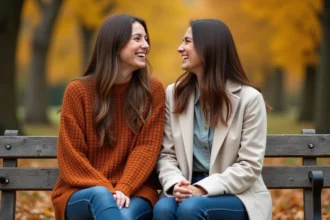 Deux amies proches assises sur un banc en automne, riant ensemble dans un parc aux feuilles dorées, illustrant une amitié spirituelle et sincère