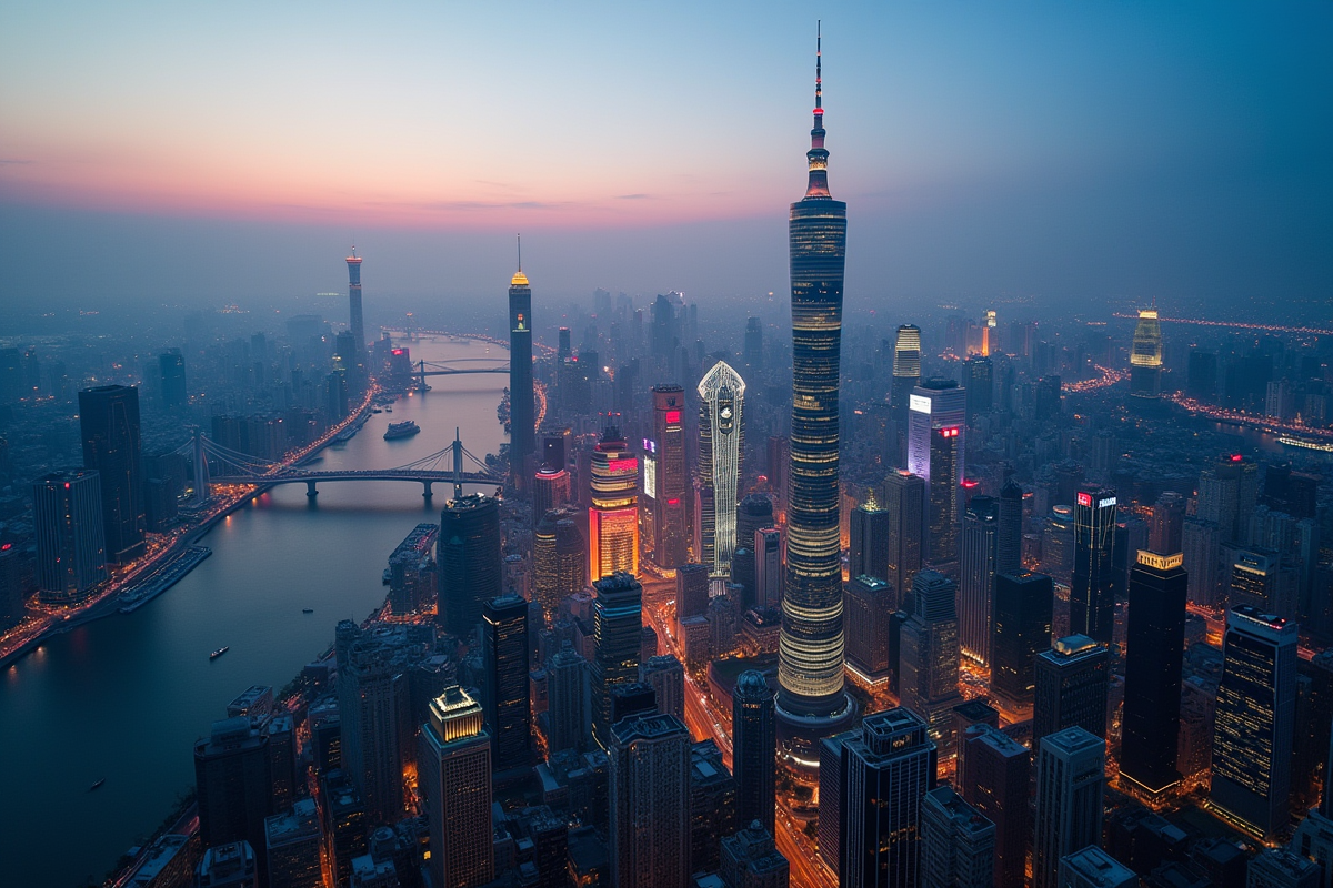 Vue aérienne de Shanghai au crépuscule avec lumières urbaines